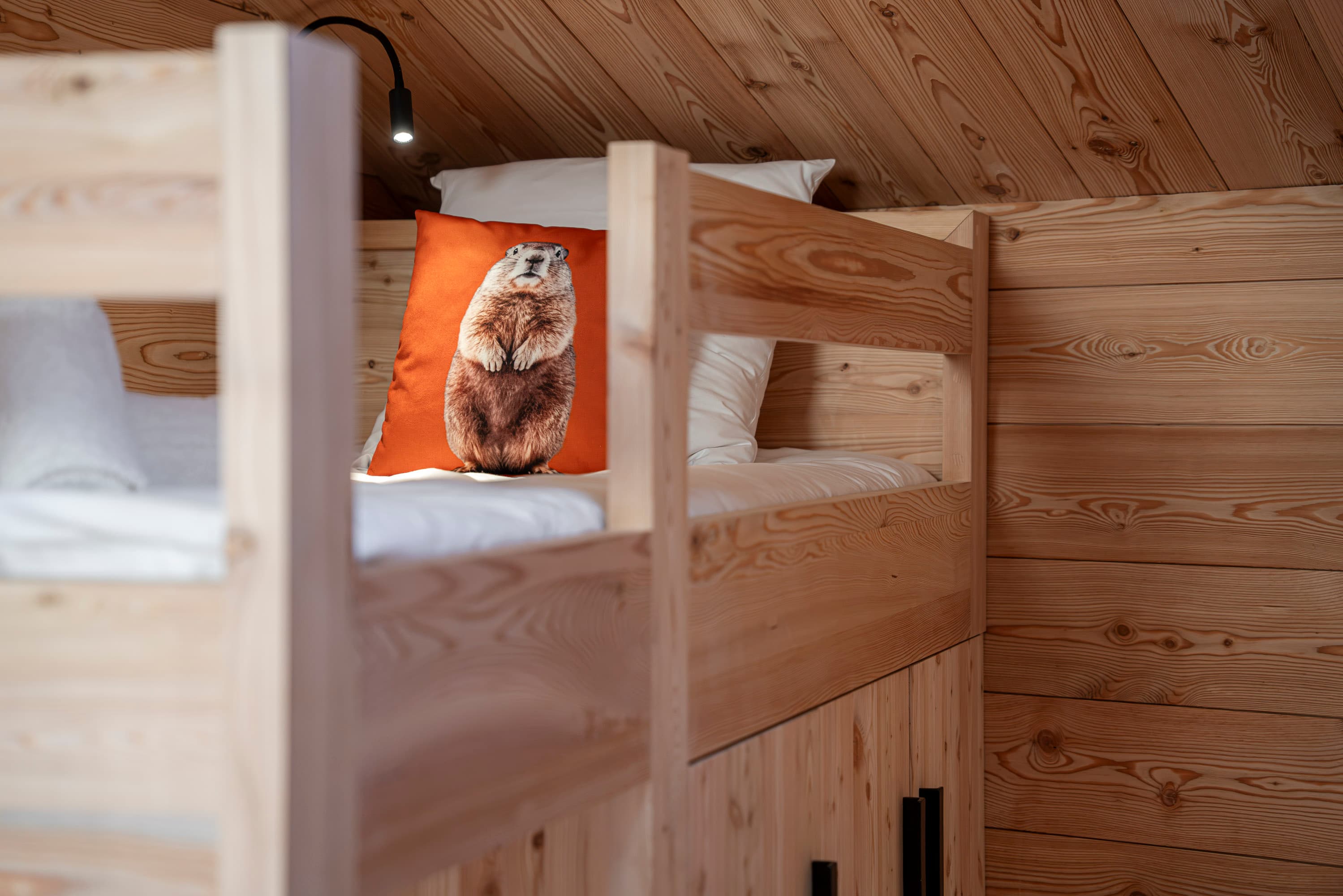 Détail du lit superposé avec coussin marmotte orange